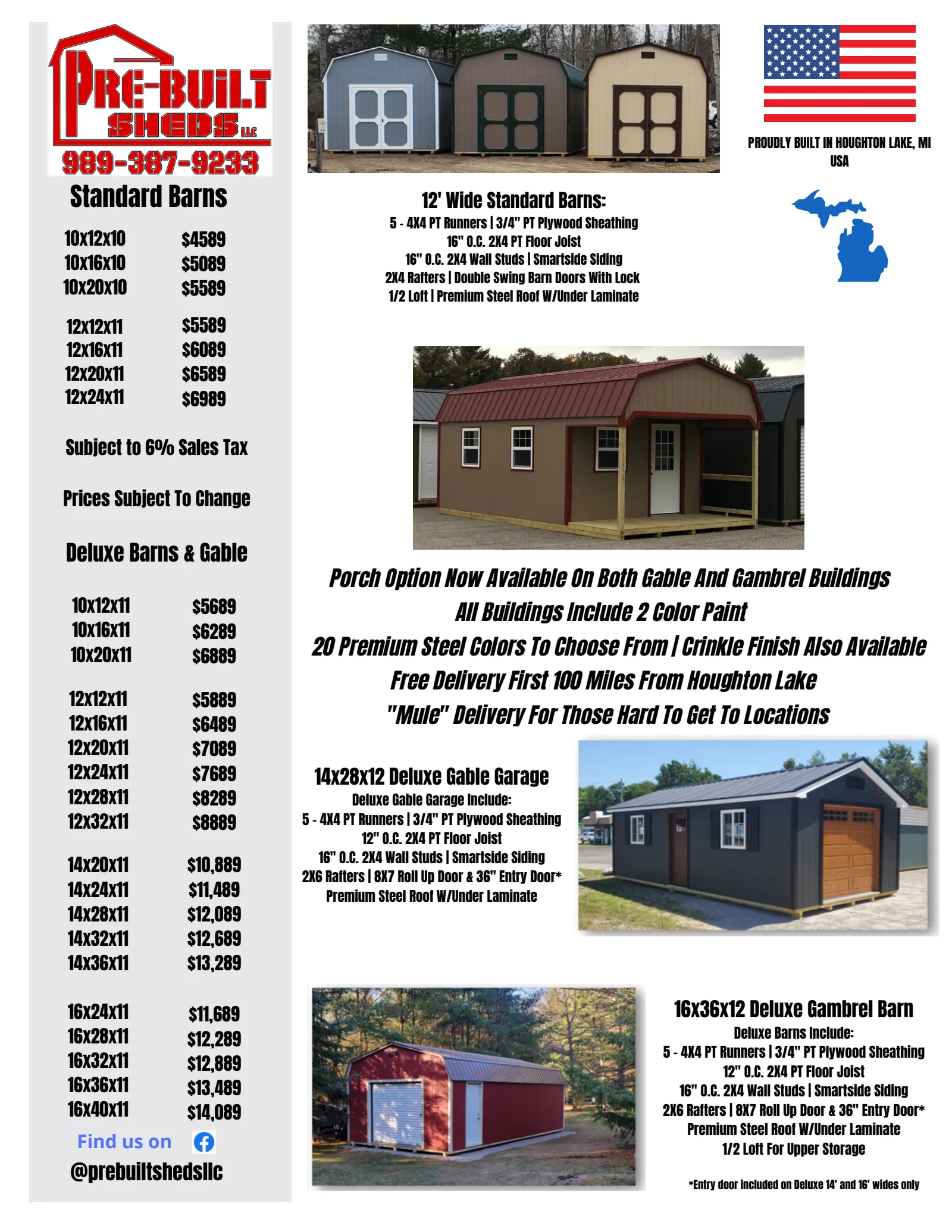 Flyer page 1: Standard Barn and Deluxe Barn & Gable price lists by size, with photos of barn sheds, a porch shed, a 14x28 deluxe gable garage, and a 16x36 deluxe gambrel barn.