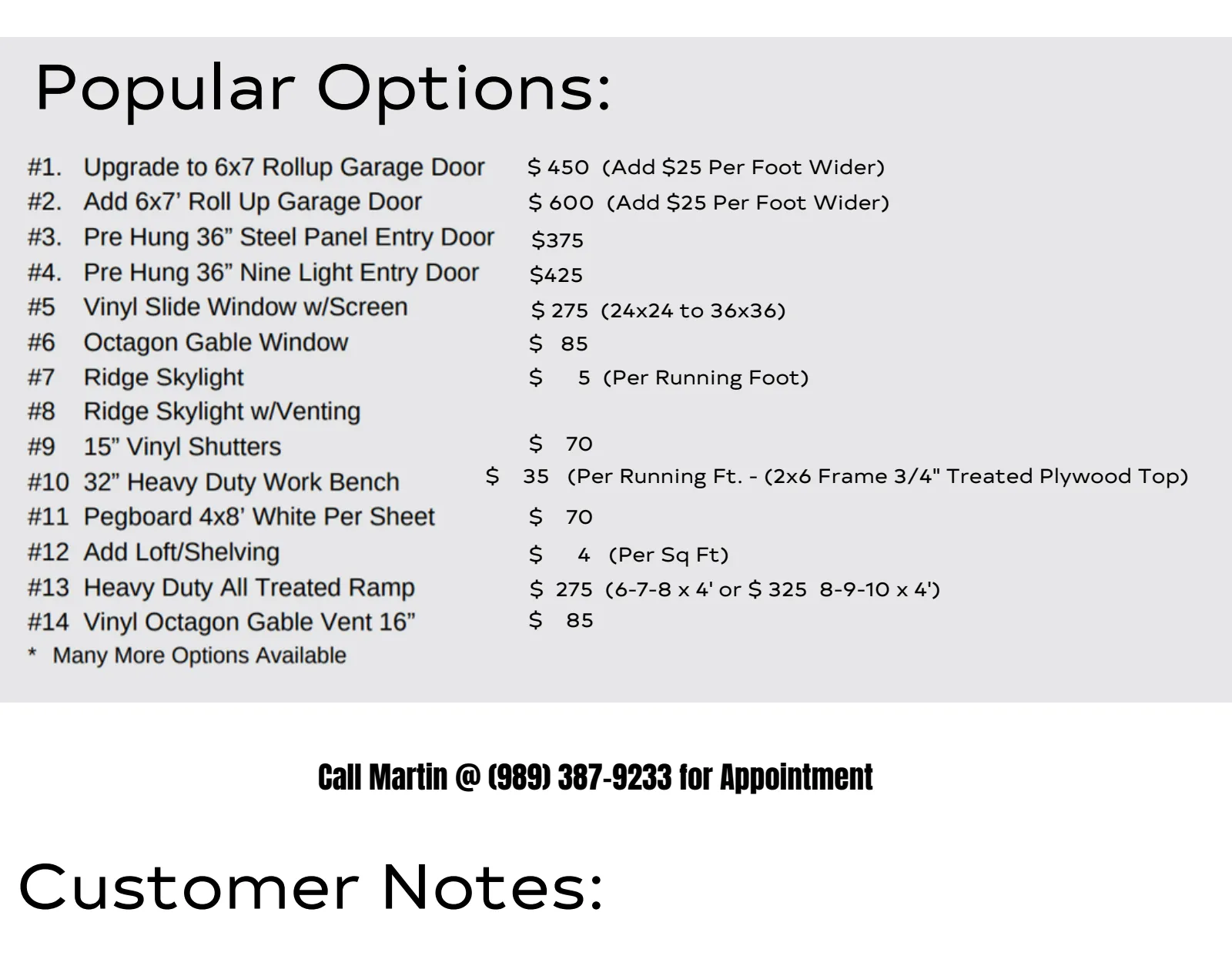 Flyer page 2: popular options and add-on prices, including roll-up garage doors, entry doors, windows, skylights, shutters, work benches, lofts, and ramps. Call Martin at (989) 387-9233 for an appointment.