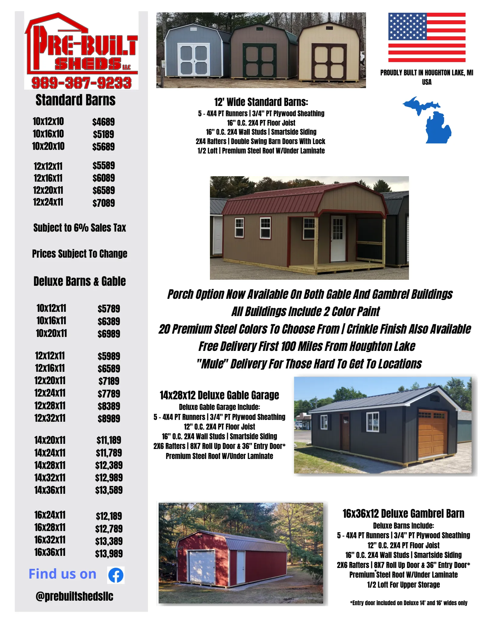 Flyer page 1: Standard Barn and Deluxe Barn & Gable price lists by size, with photos of barn sheds, a porch shed, a 14x28 deluxe gable garage, and a 16x36 deluxe gambrel barn.