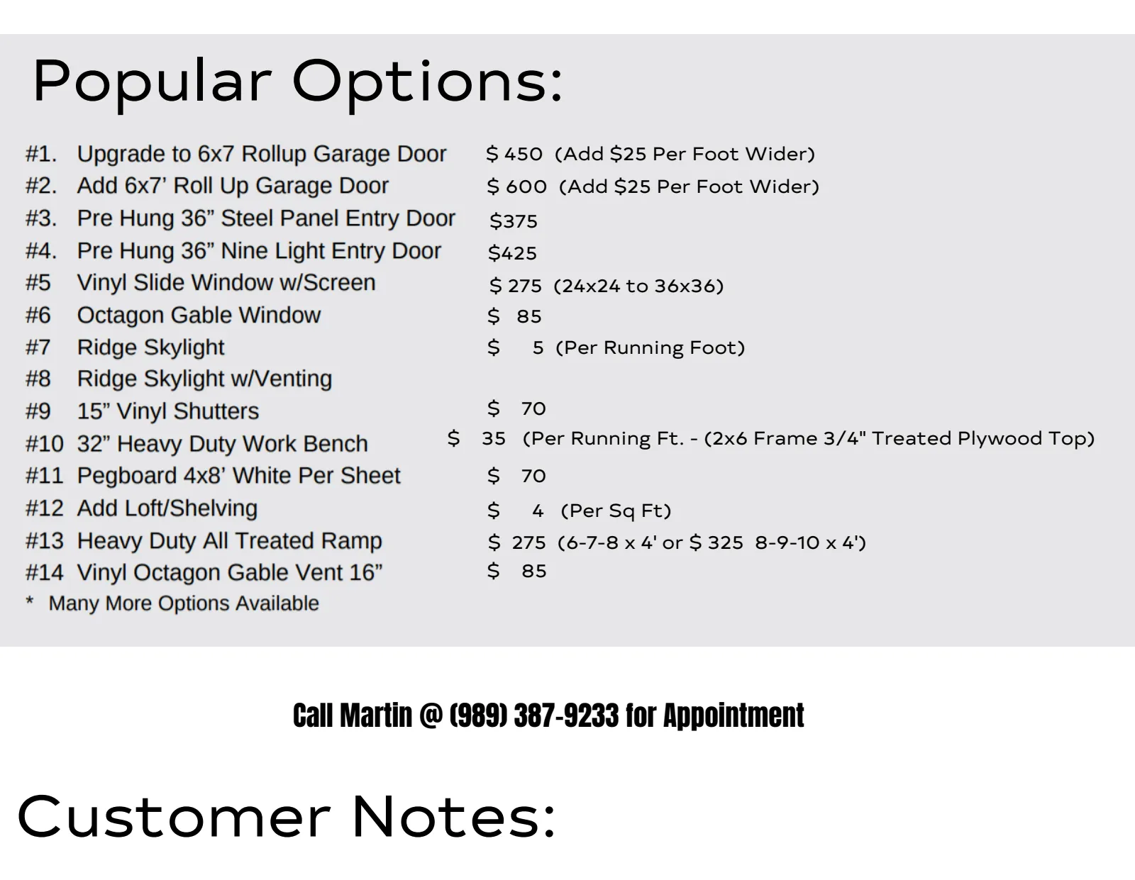 Flyer page 2: popular options and add-on prices, including roll-up garage doors, entry doors, windows, skylights, shutters, work benches, lofts, and ramps. Call Martin at (989) 387-9233 for an appointment.